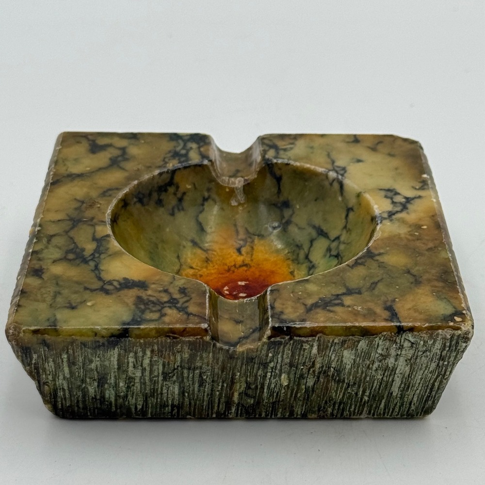 Vintage Green Marbled Stone Ashtray Brutalist Chiseled Onyx Style Catchall Tray